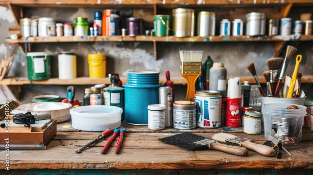 Home renovation essentials, including paint cans, brushes, and tools, Home renovation essentials, including paint cans, brushes, and tools,