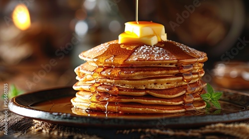 Delicious Stack of Pancakes Drizzled with Syrup