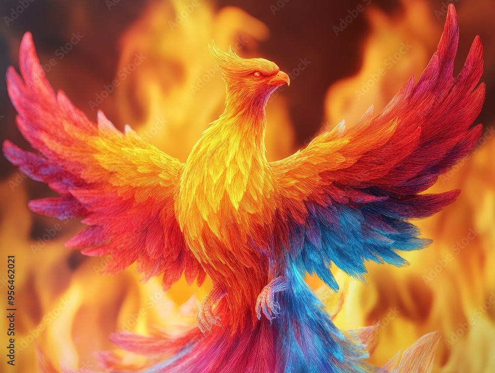 Fototapeta premium A vibrant phoenix emerges from flames, symbolizing rebirth and transformation with stunning colors of red, orange, and blue.