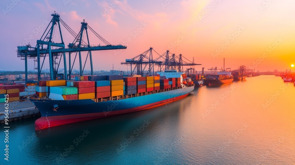 Naklejka premium A vibrant sunset view of a cargo ship docked at a busy port, surrounded by colorful containers and towering cranes.