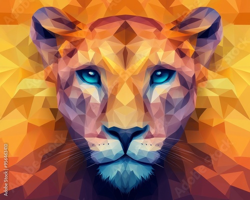 Abstract geometric portrait of a lion with vibrant blue eyes.