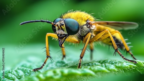 A robber fly hunting and eating an insect Wild nature in the garden Asilidae Asilus crabroniformis : Generative AI photo