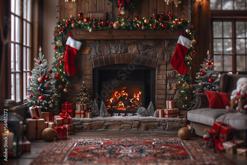 stock photo features a cozy Christmas room adorned with festive decorations and a crackling fireplace, creating a warm and inviting atmosphere for holiday gatherings and celebrations 