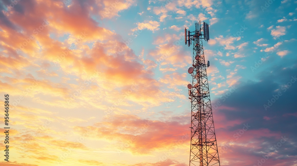 Telecommunications Tower Against Sunset Sky with Antenna. AI generated illustration Telecommunications Tower Against Sunset Sky with Antenna. AI generated illustration