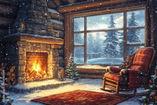 Cozy cabin with fireplace and rocking chair. Ideal for depicting a warm and inviting winter atmosphere.