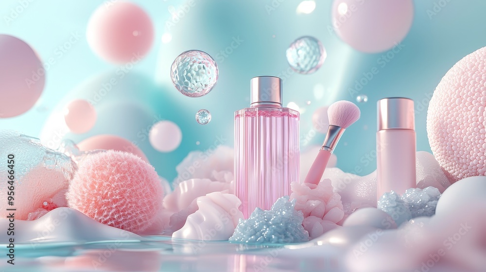 C4D style 3D beauty products use soft colors and luster texture, combined with abstract geometric figures, makeup brushes and perfume bottles, and the soft lighting effect of artistic concepts.