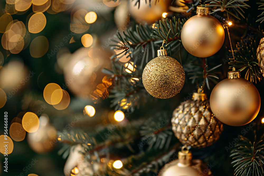Close up of green decorated christmas tree with golden baubles Close up of green decorated christmas tree with golden baubles