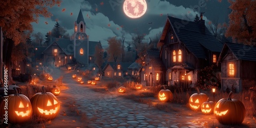 A spooky house in an abandoned haunted village, at dusk at night surrounded by glowing pumpkins and decor. Halloween banner for background, cover artwork