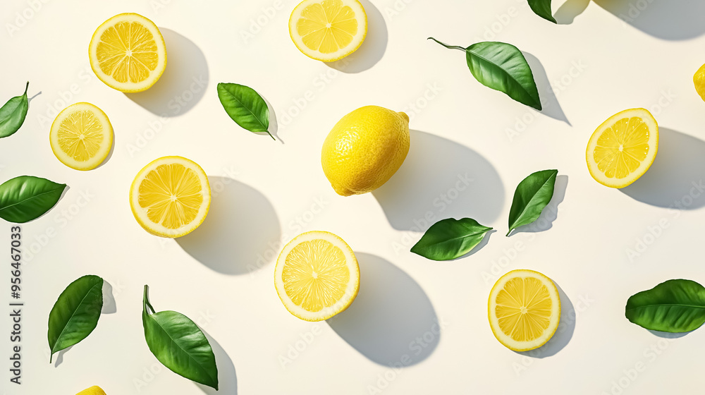 Lemons, lemon slices, and lemon tree leaves all levitating against a pure white background Lemons, lemon slices, and lemon tree leaves all levitating against a pure white background