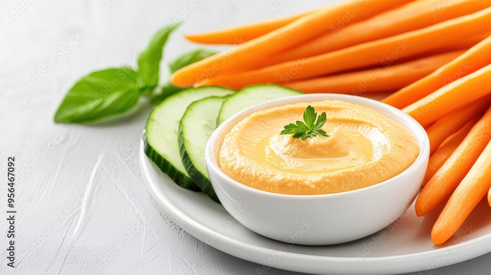 a close-up of a sliced cucumber, carrot sticks, and hummus dip on a white plate, highlighting the freshness and simplicity of healthy snacking a close-up of a sliced cucumber, carrot sticks, and hummus dip on a white plate, highlighting the freshness and simplicity of healthy snacking