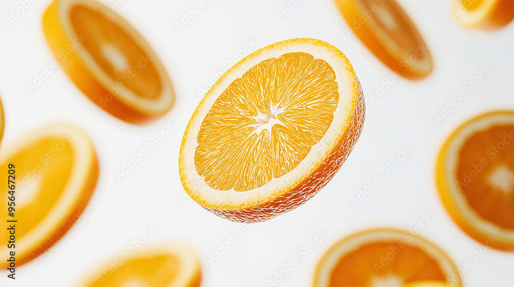 Fresh orange slices floating in mid-air against a clean white background
