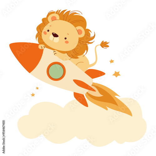Flat vector illustration in a cute childish style. Cute lion cub is flying on a rocket. Vector illustration