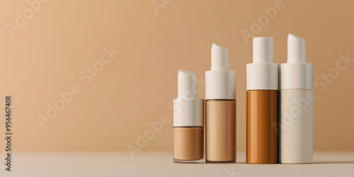 Cosmetic foundation cream bottles of different skin tone colors on simple background with copy space. Packaging template