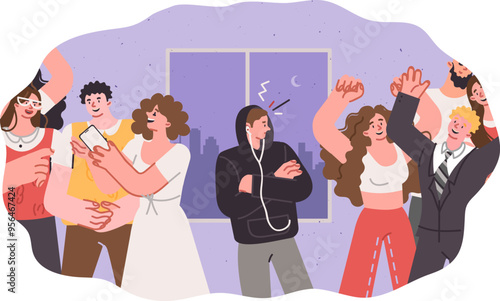 Introvert man stands alone in disco with dancing people and embarrassed to participate in party