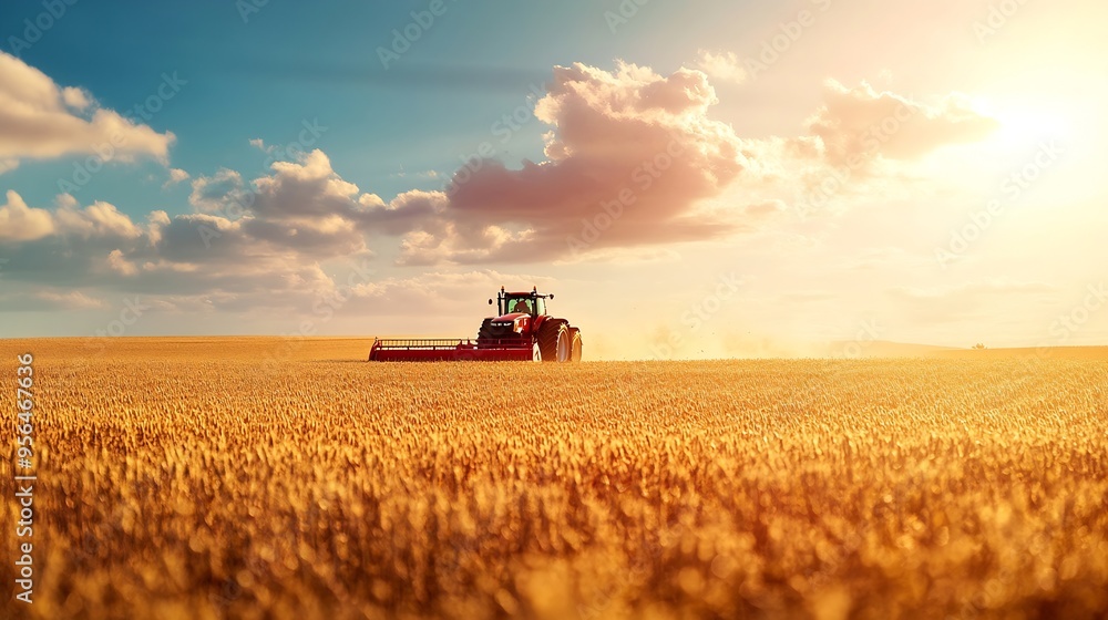 Tractor harvesting on agricultural field on sunny day : Generative AI Tractor harvesting on agricultural field on sunny day : Generative AI