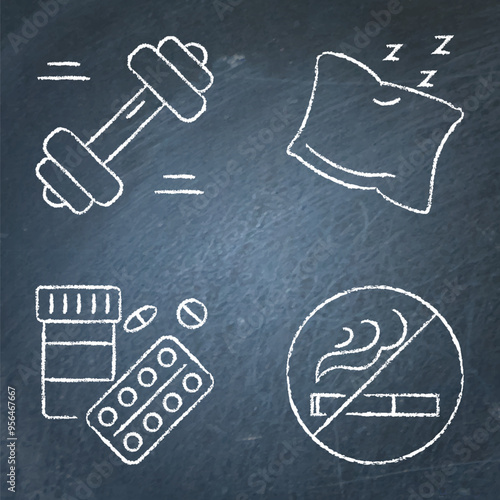 Healthy lifestyle chalkboard icon set. Sleep enough, no smoking, fitness and vitamins. Vector illustration.