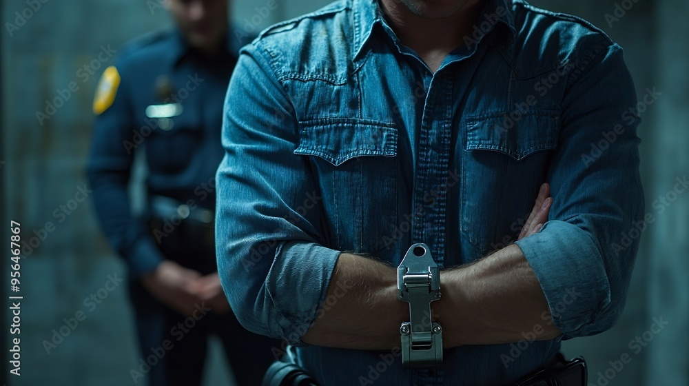 An arrested crime suspect in handcuffs is testifying to a police detective confessing : Generative AI An arrested crime suspect in handcuffs is testifying to a police detective confessing : Generative AI