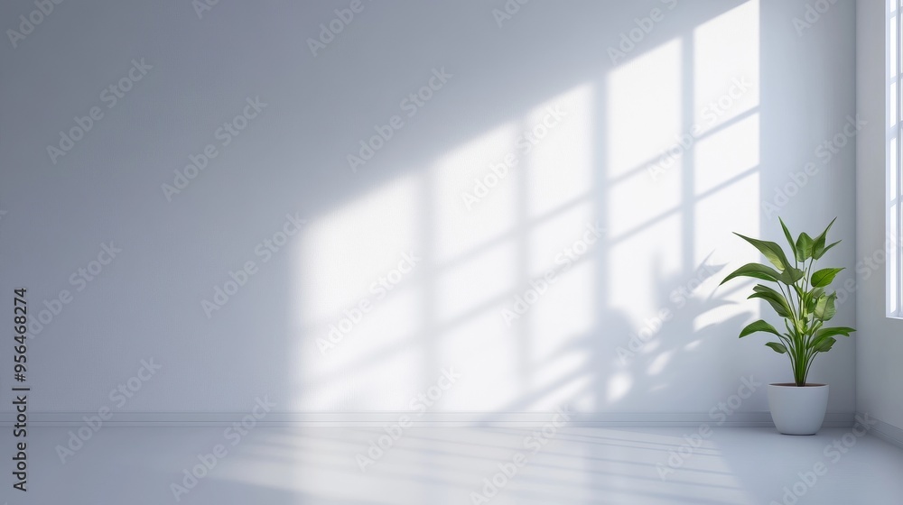 Fototapeta premium Minimalist scenes, with sharp diagonal shadows and light and shadow patterns on the white walls, create a peaceful and tranquil atmosphere, and modern aesthetics highlight tranquility.