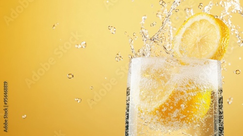 a close-up shot of sparkling water being poured into a glass with lemon slices, with bubbles rising rapidly and catching the light photo