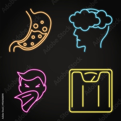 Unhealthy gut symptoms neon icon set. Bloating, brain fog, weight gain. Vector illustration.