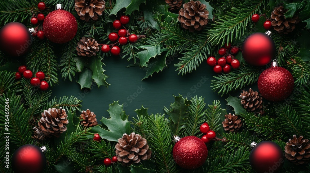 Festive Christmas Background Featuring Green Leaves and Red Ornaments, Creating a Warm and Joyful Holiday Atmosphere with Natural Elements and Decorative Accents for Seasonal Celebration. Festive Christmas Background Featuring Green Leaves and Red Ornaments, Creating a Warm and Joyful Holiday Atmosphere with Natural Elements and Decorative Accents for Seasonal Celebration.