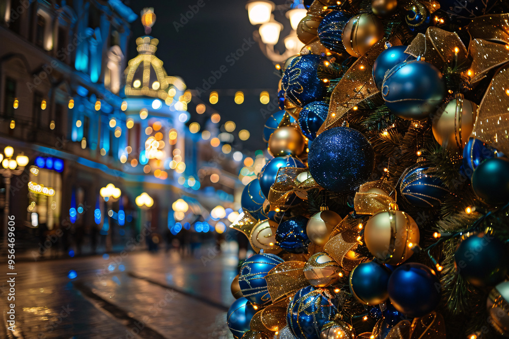 Fototapeta premium christmas tree in the city square at night with copy space for text