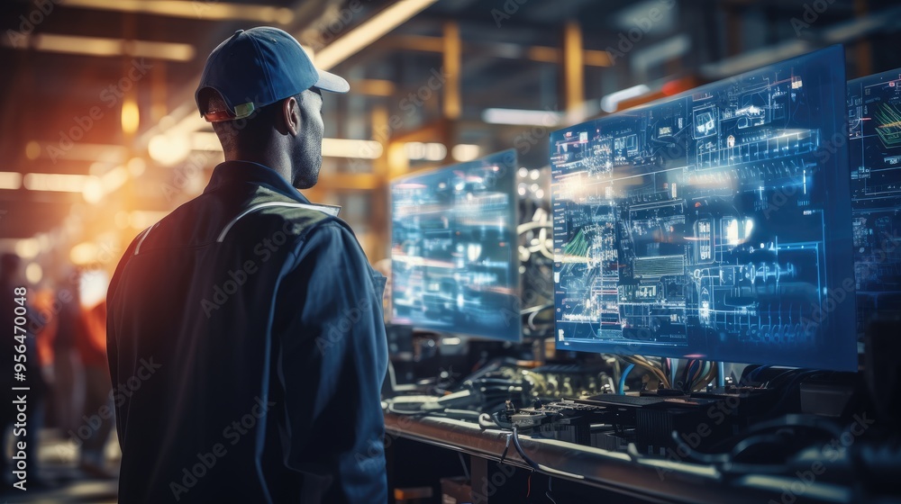 Technician Monitoring Advanced Digital Screens in a High-Tech Industrial Control Room Technician Monitoring Advanced Digital Screens in a High-Tech Industrial Control Room