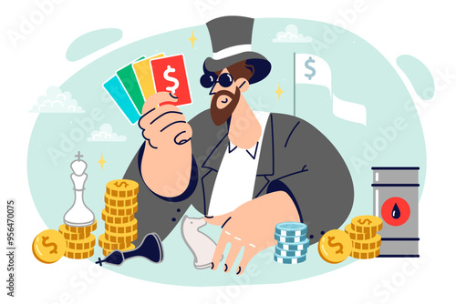 Man owner of monopoly business, receives income from sale of fuel, sits with coins and game cards