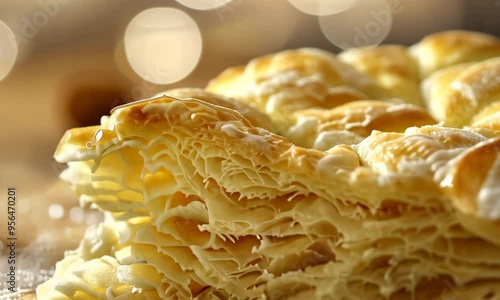 Close-up of flaky, buttery puff pastry with golden crust and soft layers, dusted sugar photo