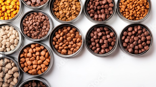 Variety of pet food kibble in bowls. An assortment of different dry dog or cat food kibble types.