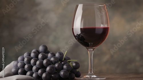 A glass of deep red wine and glossy black grapes create a luxurious, inviting scene.