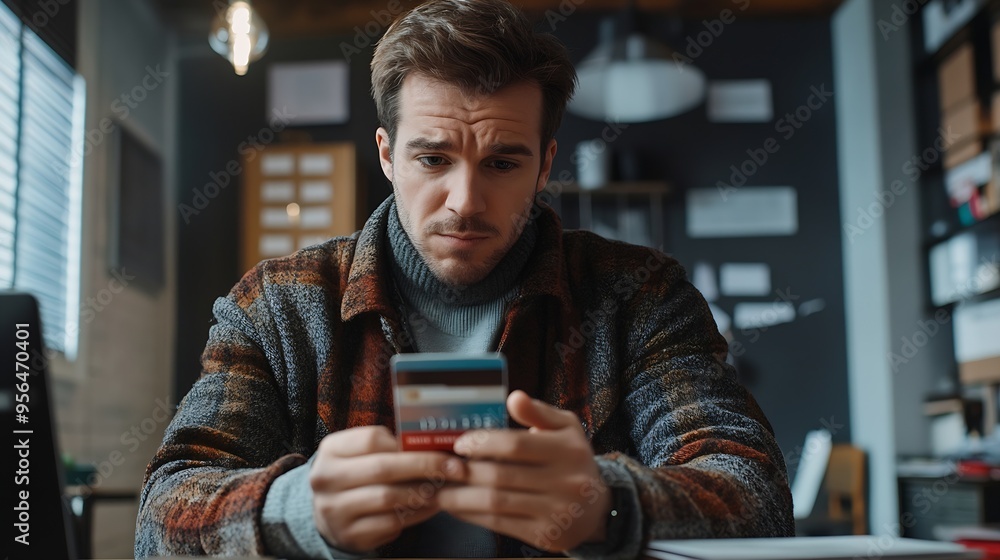 Upset and disappointed young businessman man looking at mobile phone screen sitting at desk in office and holding credit card problem with account and transaction : Generative AI Upset and disappointed young businessman man looking at mobile phone screen sitting at desk in office and holding credit card problem with account and transaction : Generative AI