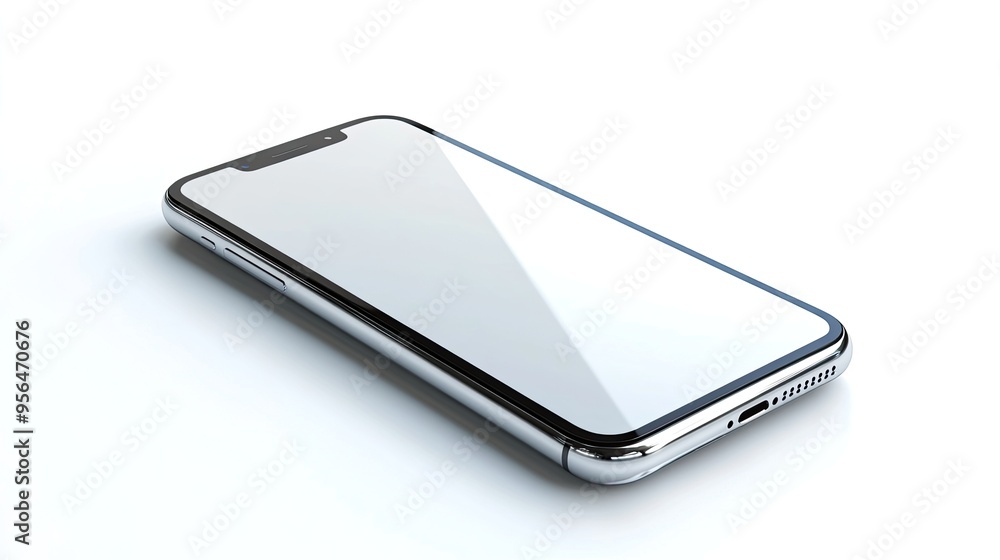 A silver smartphone lies on a white surface with the screen facing up. A silver smartphone lies on a white surface with the screen facing up.