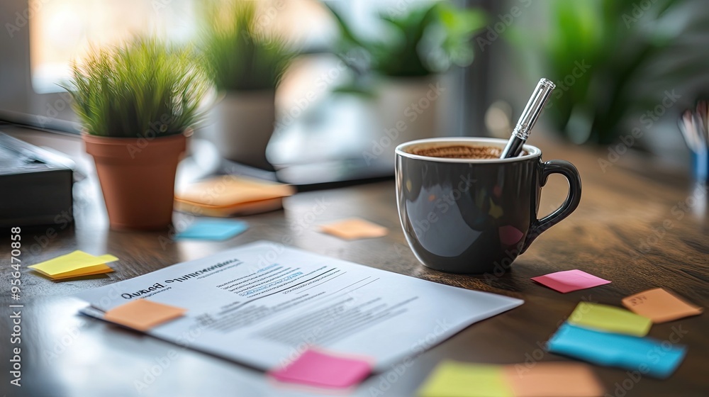 11. Business plan template on a desk with sticky notes and coffee, planning session. 11. Business plan template on a desk with sticky notes and coffee, planning session.