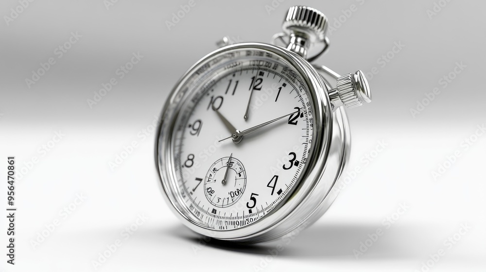 A silver stopwatch with a white face, positioned on a white surface. A silver stopwatch with a white face, positioned on a white surface.