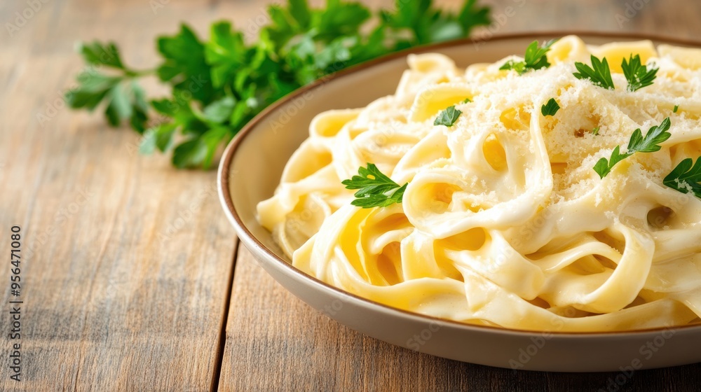 a creamy pasta dish with fettuccine noodles coated in a rich Alfredo sauce, garnished with parsley and freshly grated Parmesan cheese a creamy pasta dish with fettuccine noodles coated in a rich Alfredo sauce, garnished with parsley and freshly grated Parmesan cheese