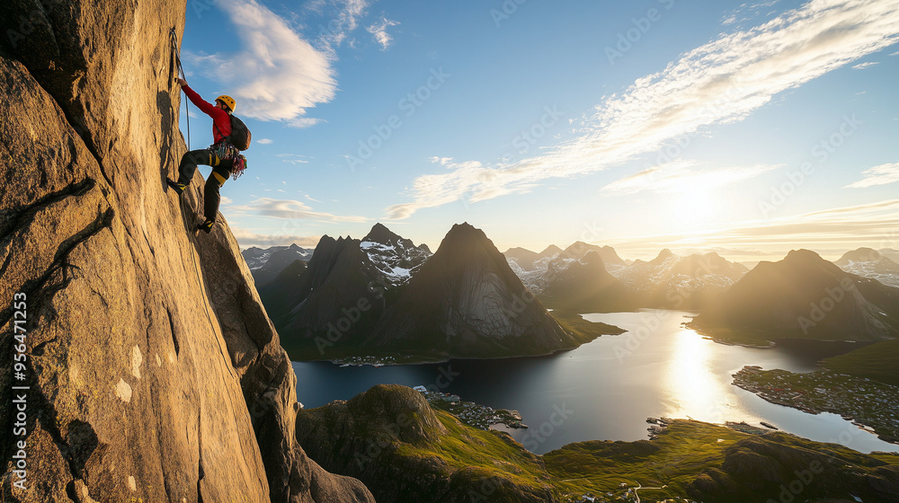 Fototapeta premium Wspinacz zdobywający imponującą skałę na tle wysokich gór.