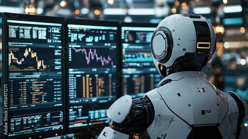 Robot stock trader is using data from multiple monitors and complex algorithms to make investment decisions