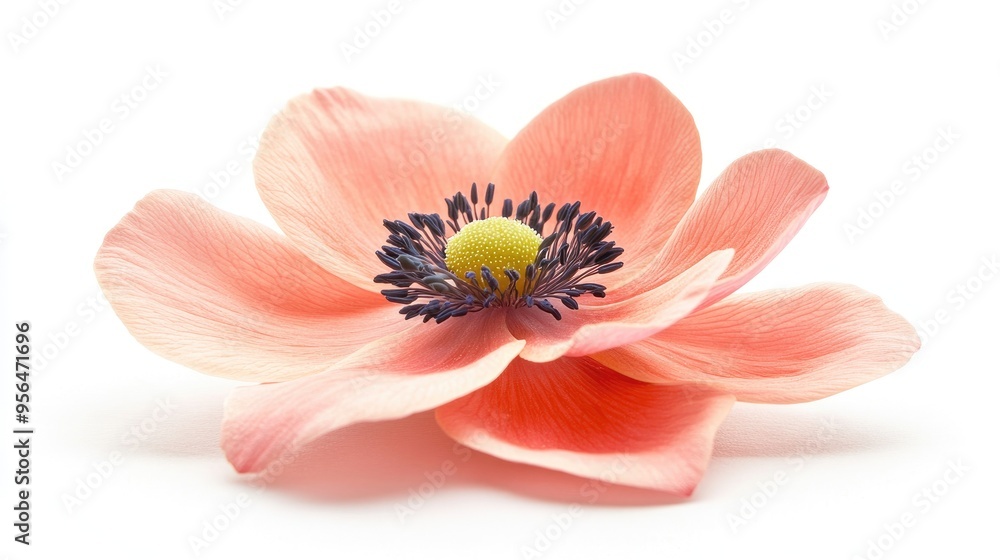 A delicate pink flower with a yellow center and black stamen, isolated on a white background. The flower is soft and delicate, with a subtle texture. A delicate pink flower with a yellow center and black stamen, isolated on a white background. The flower is soft and delicate, with a subtle texture.
