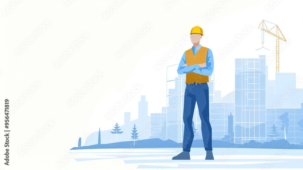 A man in a yellow vest stands in front of a city skyline A man in a yellow vest stands in front of a city skyline