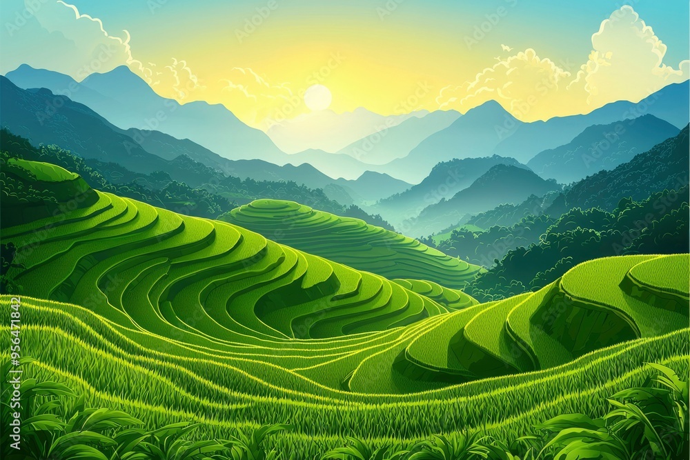 Lush Green Rice Terraces in a Mountainous Landscape Lush Green Rice Terraces in a Mountainous Landscape