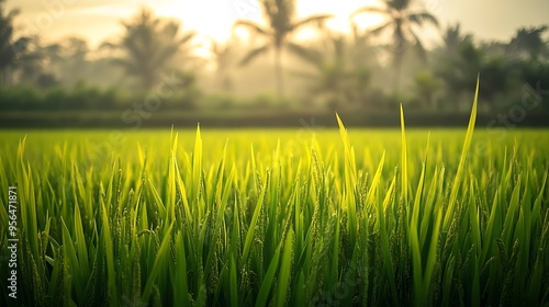 Beautiful view of large rice padi field in Yogyakarta Indonesia : Generative AI photo