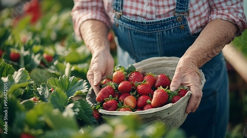 Happy senior caucasian woman picking up strawberries in the garden Elderly lady farmer wearing jeans overalls with checkered shirt and collecting berry harvest among fresh green strawb : Generative AI photo