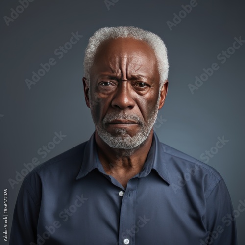 Gray background sad black American independent powerful man. Portrait of older mid-aged person beautiful bad mood expression isolated 