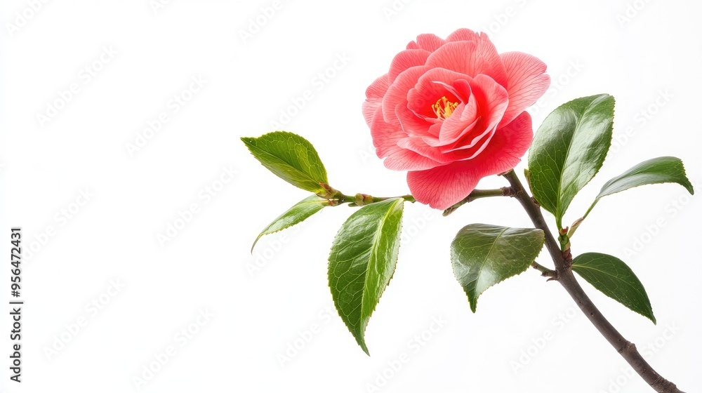 A single pink camellia flower with green leaves on a white background. A single pink camellia flower with green leaves on a white background.