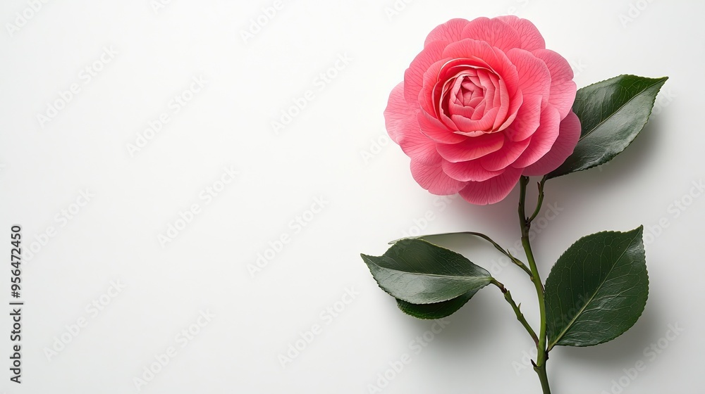 Single pink camellia flower with green leaves on a white background. Single pink camellia flower with green leaves on a white background.