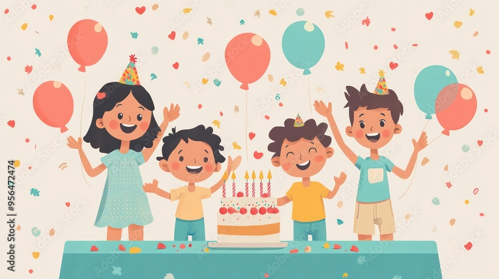A mixed-race family celebrates a birthday at home with balloons, cake and fun expressions. Illustration A mixed-race family celebrates a birthday at home with balloons, cake and fun expressions. Illustration