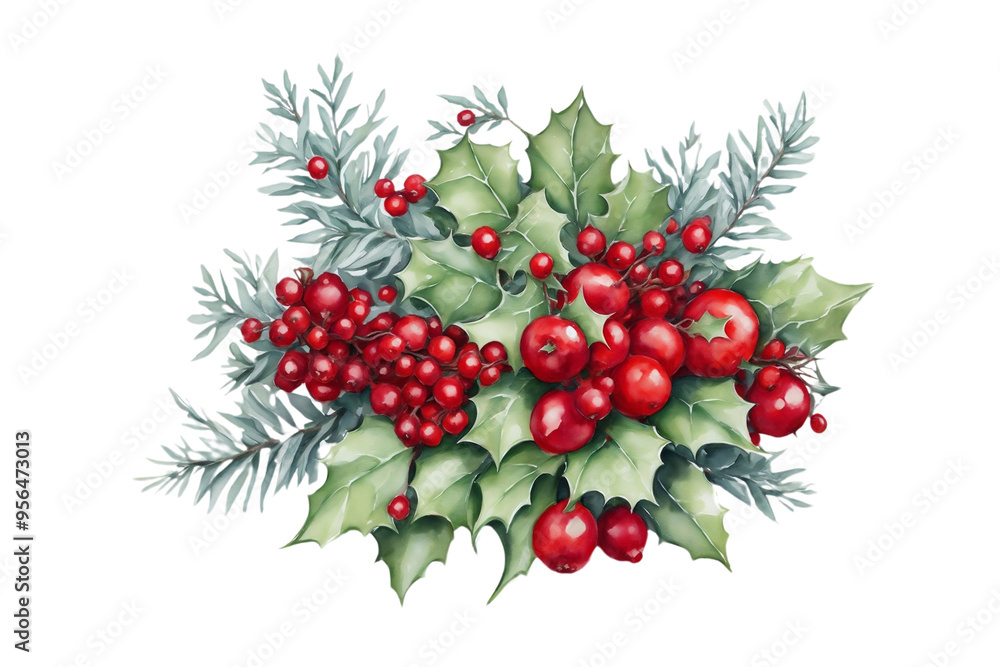 A cluster of holly leaves, pine needles, and red berries A cluster of holly leaves, pine needles, and red berries