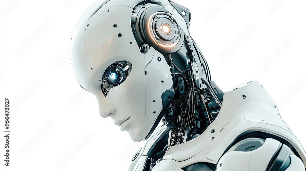 A close-up of a white robot's head, with a glowing blue eye and intricate mechanical details. A close-up of a white robot's head, with a glowing blue eye and intricate mechanical details.