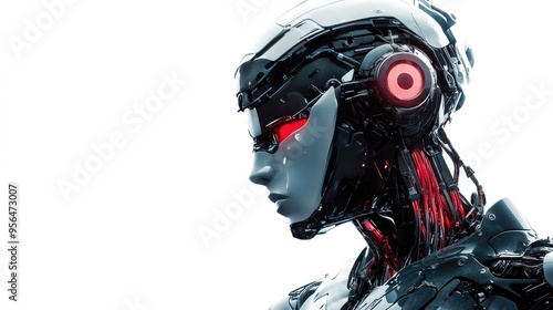 A futuristic robot with glowing red eyes and intricate mechanical details.